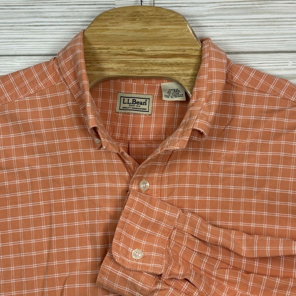 L. L. Bean‎ Men's XL Reg Long Sleeve Button Down Shirt Orange/White Cotton